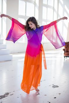 "Kimono dress made of chiffon fabric with color transition In purple and orange tones Transparent, light and airy \"Wings\" sewn into the sleeves, which complement the airy image of the dress Underwear dress included ➤ Features > dress length: 58,5 inches / 148cm cm ➤ Sizing My Size Guide in FAQ section below will help you define the perfect size match. The item can also be made according to your measurements - just message them to me. ➤ Delivery Your item is made-to-order and will be ready w Sheer Chiffon Maxi Dress For Summer, Sheer Chiffon Vacation Dress, Sheer Chiffon Summer Dress, Sheer Chiffon Dress For Summer, Bohemian Chiffon Festival Dress, Pink Sheer Maxi Dress For Summer, Sheer Pink Maxi Dress For Summer, Gradient Color Summer Party Dress, Sheer Maxi Dress For Summer Festival