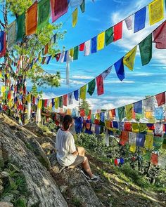 a woman sitting on top of a rock next to a tree filled with colorful flags