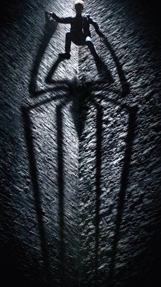 the amazing spider - man poster is shown in black and white, with its shadow