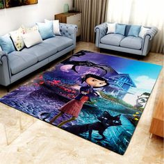 a living room area rug with a cartoon character on it