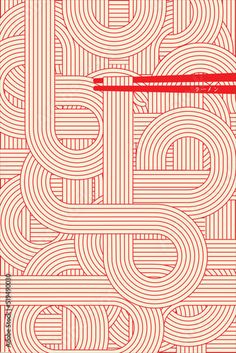 a red and white book cover with an abstract pattern on the front, which has a pencil in it