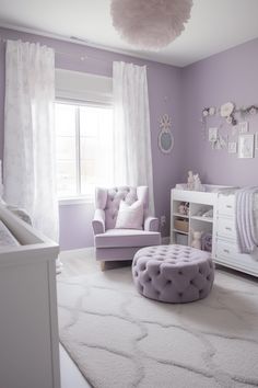 a baby's room with purple walls and white furniture