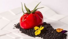 a red tomato sitting on top of some black dirt next to yellow and purple flowers