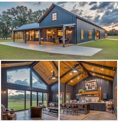 the inside and outside of a house with large windows, sliding glass doors, and an open floor plan