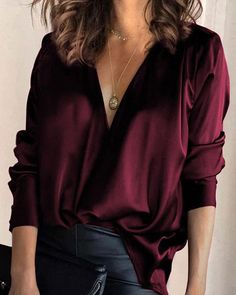 Blouse Size Chart, Satin Bluse, Draped Blouse, Satin Long Sleeve, Satin Top, Elegant Shirt, Pullover Shirt, V Neck Blouse, V Neck Tops