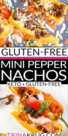 two pictures with text that says gluten - free mini pepper nachos