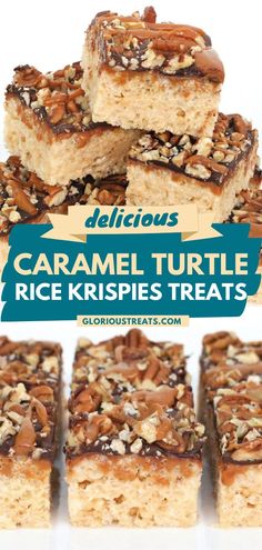 Caramel Turtle Rice Krispies Treats, Easter treats, Easter desserts, sweet treats Turtle Rice Krispie Treats Recipe, Rice Crispy Treats Caramel, Peach Cobbler Rice Krispy Treats, Pretzel Rice Krispie Treats, Decadent Rice Krispie Treats, Rice Krispie Treat Packaging Ideas, Gourmet Rice Krispy Treats, Carmel Rice Crispy Treats, Easter Rice Crispy Treats Ideas