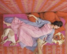 a painting of a woman laying on a bed with two dogs and a plate of food