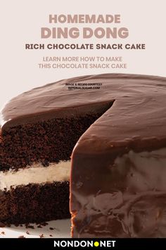 a chocolate cake with white frosting on top and the words homemade ding dong rich chocolate snack cake