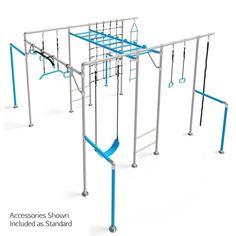 an image of a playground set with blue bars and swings on the bottom half of it