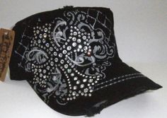 Y2k Hats, Bling Hats, Bling Hat, 2000s Clothing, Dope Hats, Cadet Hat, Y2k Accessories, Rhinestone Cross, Black Cross