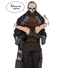 a drawing of a woman hugging a man with a skull on his head and the words please me woman above her