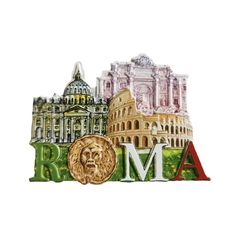 the word roma in front of a collage of buildings and architecture with a lion head