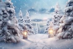 a snowy scene with two lanterns in the middle of trees and snow covered ground on either side