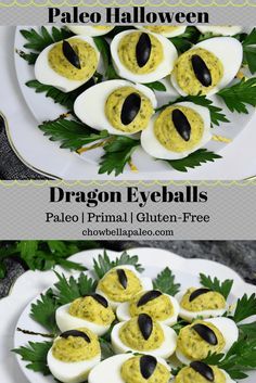 deviled eggs are topped with black olives and green leafy garnish