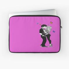 a laptop case with a drawing of two people hugging and butterflies in the sky above