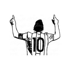 a black and white drawing of a soccer player with his arms up in the air