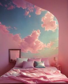 a bedroom with pink and blue clouds painted on the wall above it, along with a bed