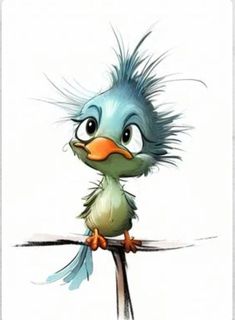 a cartoon bird sitting on top of a branch with hair flying around it's head