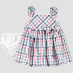 This 2-piece set for babygirl is perfect for elevating her look and for special occasions. From Just One You made by Carter's, it takes all the guesswork out of their look of the day. The matching diaper bloomer covers baby's bottom and the dress features flutter sleeves and the cutest little details to keep baby both sweet and stylish. If she's walking, she can twirl and play with ease in this little dress. This 2-piece set for baby girl is so cute and simply will not disappoint. Size: 3T. Colo Frills Dress, Tartan Plaid Dress, Target Baby, Blue Plaid Dress, Sparkly Shoes, Green Velvet Dress, Baby Bottoms, Real Doll, Look Of The Day