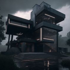 a futuristic building with stairs leading up to the upper floor and lights on it's sides