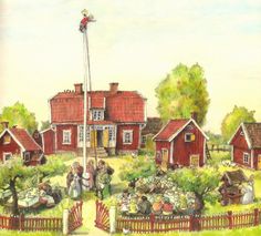 a painting of people eating in front of red houses