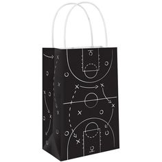 a black and white shopping bag with basketballs drawn on the front, side view