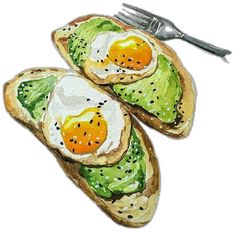 two pieces of bread with eggs and avocado on them next to a fork