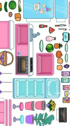 a paper doll's kitchen is shown with pink appliances and accessories on the counter