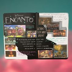 an open book with many pictures and writing on it's cover that says encanto