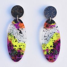 Disco Drop Post Earrings in Black and Kiwi - Goldmakers Fine Jewelry Affordable Black Resin Earrings, Watercolor Resin Jewelry, Hand Painted Multicolor Modern Earrings, Artsy Black Drop Earrings, Yellow Kiwi, Perspex Earrings, Diy Earrings Polymer Clay, Diy Resin Projects, Resin Jewelry Diy