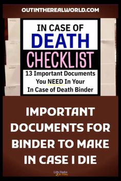 What documents do I need in my In Case of Death notebook? Learn how to make an important documents binder with a checklist of 13 VERY important documents you need, vital emergency info and the paperwork to organize and include into a notebook, grab and go planner or filing system. Printable important documents worksheet pages too Emergency Binder Printables Free Important Documents, Life Binder Printables Free, Emergency Binder Printables