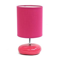 a bright pink lamp with a chrome base and shade on the bottom is sitting in front of a white background