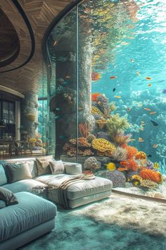 an underwater living room with fish and corals on the wall, as well as couches