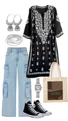 Chikankari Kurti For Women, Black Kurti With Jeans Outfit Ideas, Styling Jeans With Kurti, Chikankari Kurta Jeans, Black Chinkari Kurti, Modest Outfits Indian, Simple Kurti With Jeans, Black Chikankari Kurti With Jeans, Modest Desi Outfits