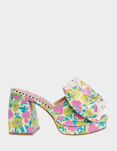 MACCIE YELLOW MULTI - SHOES - Betsey Johnson Colorful Platform Heels, Wedding Platform, Stable Block, Unique Heels, Fashion Shoes Sandals, Colorful Heels, Floral Sandals, Betsey Johnson Shoes, Block Heel Sandals