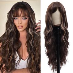 PRICES MAY VARY. [Long Curly wig with Bangs]: Long curly wig with bangs is neat and natural looking, soft, full and thick.Synthetic curly wig is made of premium heat resistant synthetic fiber, can be applied heat and straightened within 180 ℃ ( 356℉ ). [Unique Bangs]: Curly wigs with bangs is easier to wear and suitable for daily life. Bangs soften any face, accentuate good features, cover imperfections, and instantly make you look younger. They’re pretty much a good option for anyone. [Rose net Wigs With Highlights, Brown Wig With Bangs, Curly Wigs With Bangs, Trim Bangs, Natural Curly Wig, Curly Wig With Bangs, Highlights Natural, Long Curly Wig, Brown Highlights