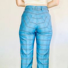 "REFER TO MEASUREMENTS, AS RETURNS ARE NOT ACCEPTED: Size 4 Waist: 26\" Hip: 37 Inseam: 32 Rise: 11 70's vintage Lee blue and black plaid trousers pants. High waisted, straight relaxed leg. boho, hippie, 60's, 70's inspired, artsy, bohemian, business casual, structured, western, frontier, prairie, cowboy, Cowgirl, workwear, americana" High Waist Blue Bottoms With Welt Pockets, High-waist Blue Bottoms With Welt Pockets, Blue Retro Pants For Spring, Retro Straight Pants With Pockets, Retro Fitted Straight Leg Pants, Retro High Rise Pants For Work, Retro Bottoms With Welt Pockets, Retro Straight Leg Bottoms With Welt Pockets, Retro Blue Bottoms With Pockets