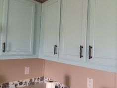 the kitchen cabinets are painted pale blue and have floral wallpaper on them, along with two rolls of toilet paper