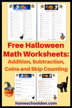 halloween math worksheets for addition, subtraction, coins and skip counting