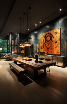 a large dining room with an art work on the wall and wooden benches in front of it