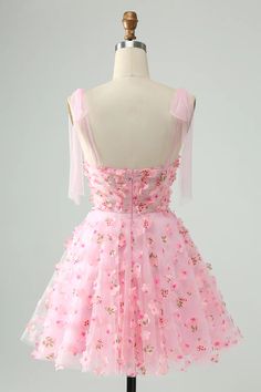 Amzcw Cute Pink A Line Pearls Corset Short Homecoming Dress with Appliques Flower White Short Dress With Flowers, Pink Flower Dress Short, Pearls Corset, Pink Hoco Dress Short, Satin Prom Dress Short, Floral Homecoming Dress, Pink Hoco Dress, Pink Hoco Dresses, Hoco Court