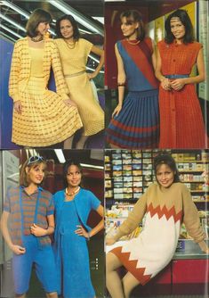 four pictures of women in dresses and sweaters from the seventies, including one with an arrow on it