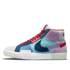 The Nike SB Skateboard Zoom Blazer Mid PRM is part of the 'Mosaic Pack,' which features a fractured aesthetic inspired by the community art spaces of Barcelona. The upper is made of a combination of turquoise leather, off-white suede, and lavender suede and textile, with chopped-up Swooshes adding to the collage-like effect. The light grey mesh on the tongue and heel tab features a Nike wordmark in multicolor embroidery. Performance benefits include a reinforced ollie zone, Zoom Air cushioning in the insole, and a grippy herringbone-traction outsole. Nike High Cut, Blazer Mids, Product Branding Design, Blazers Nike, Nike Sb Zoom Blazer Mid, Nike Sb Zoom Blazer, High Cut Sneakers, Boulevardier, Nike Sb Blazer