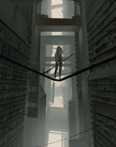 a man standing on a tight rope in a room filled with books and stacks of books