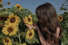 a woman standing in front of a field of sunflowers with her hands on the flowers