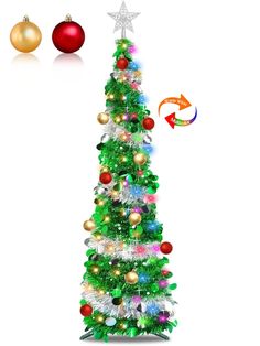 a christmas tree with ornaments and an arrow pointing to the top right side on a white background