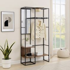 a room with a white wall and a black shelving unit next to a potted plant