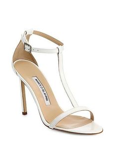 Sweet and simple white stilettos from Manolo Blahnik! Manolo Blahnik Sandals, White Stilettos, Strappy Stilettos, Sandals White, T Strap Sandals, Shoe Obsession, T Strap