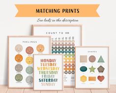 three framed art prints with the words matching prints on them in different colors and sizes